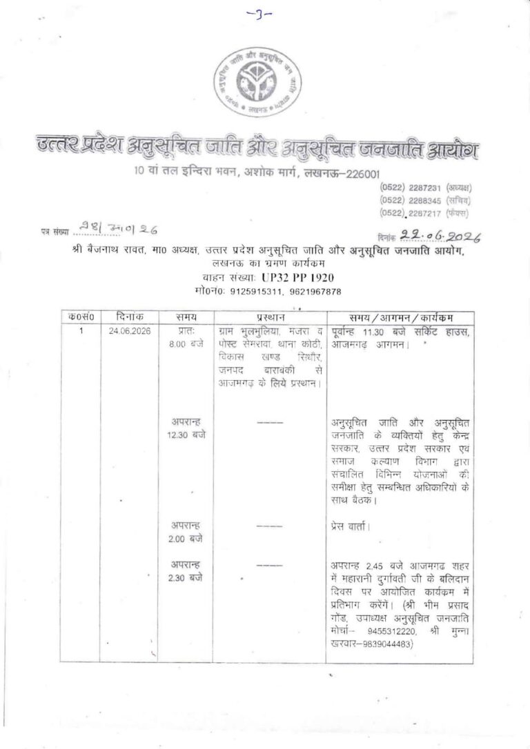 एससी एसटी आयोग के अध्यक्ष बैजनाथ रावत का आज जनपद आजमगढ़ में भ्रमण कार्यक्रम